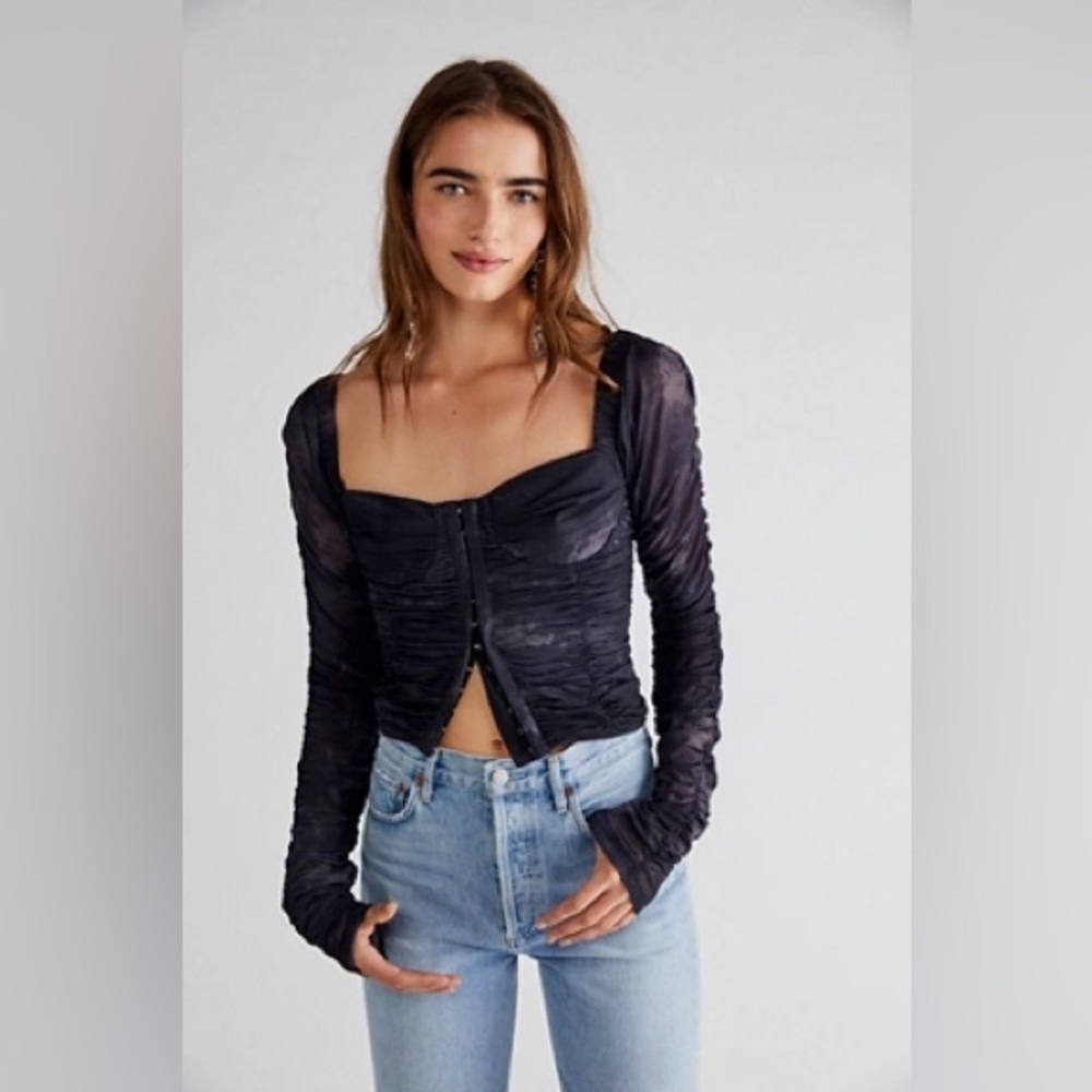 FREE PEOPLE All Night Corset Bustier Fitted Ruched Top Black Whimsigoth XS